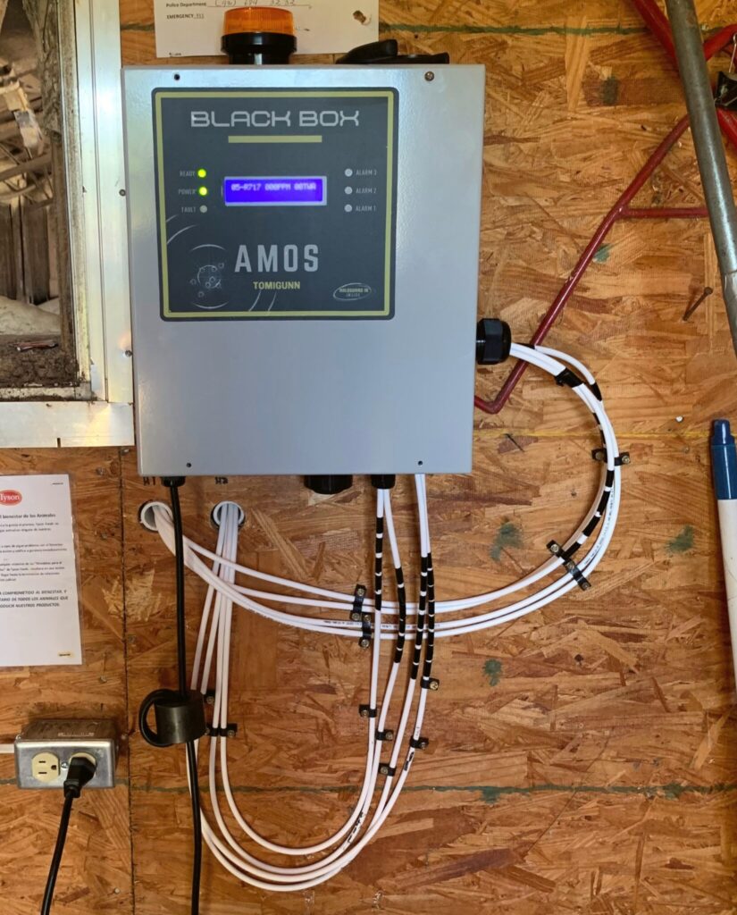 A "Black Box" labeled "AMOS TOMGUNN" is mounted on a wooden wall. Several white cables connected to the box are neatly secured with clips. An outlet and some papers are visible on the left.