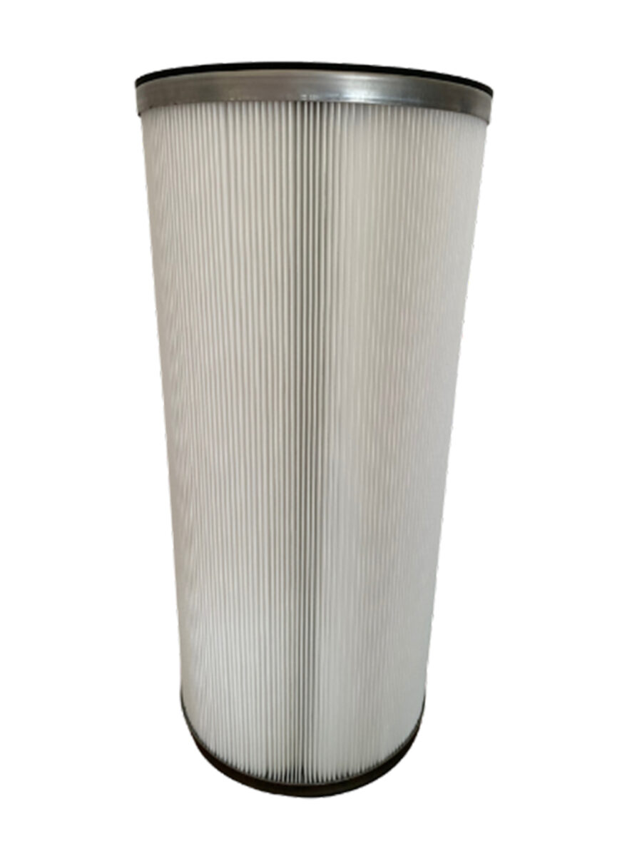 A cylindrical air filter with vertical pleats and black edges at the top and bottom.