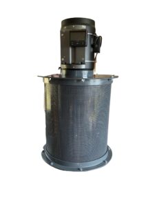 Industrial air filter system with a cylindrical, perforated metal casing and a motor unit on top.