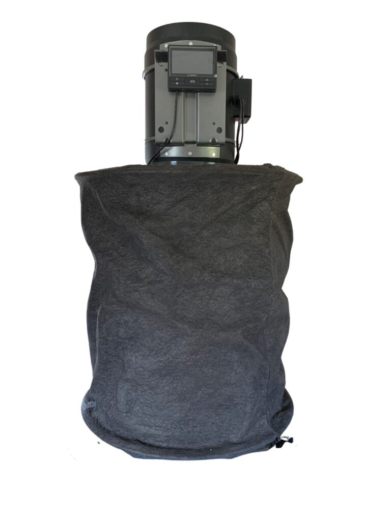 A dust collection bag attached to a dust collector machine. The bag is black and cylindrical, with the machine's control panel visible at the top.