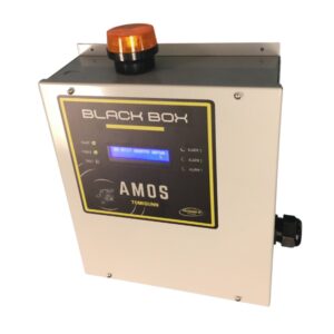 A control panel labeled "Black Box AMOS." The device features a digital display, several indicator lights, and a prominent orange emergency stop button on the top.