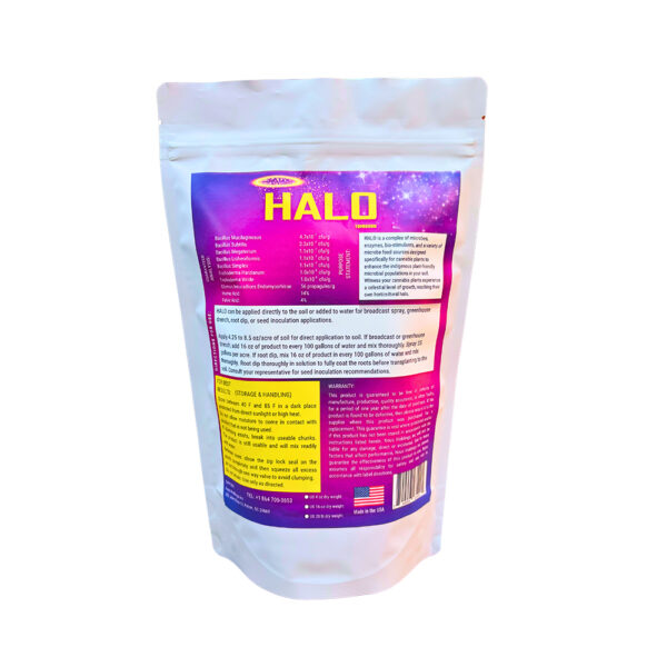 A white resealable bag labeled "HALO" containing agricultural nutrient product. Text in yellow, pink, and purple details product description and usage instructions. An American flag is at the bottom right.