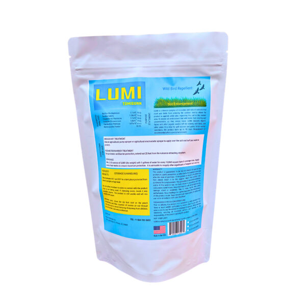 A resealable bag of LUMI Wild Bird Repellent with detailed instructions and a US flag on the label.