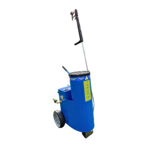 A blue industrial floor cleaning machine with two large wheels, a handle, and labeled "VAPOR.